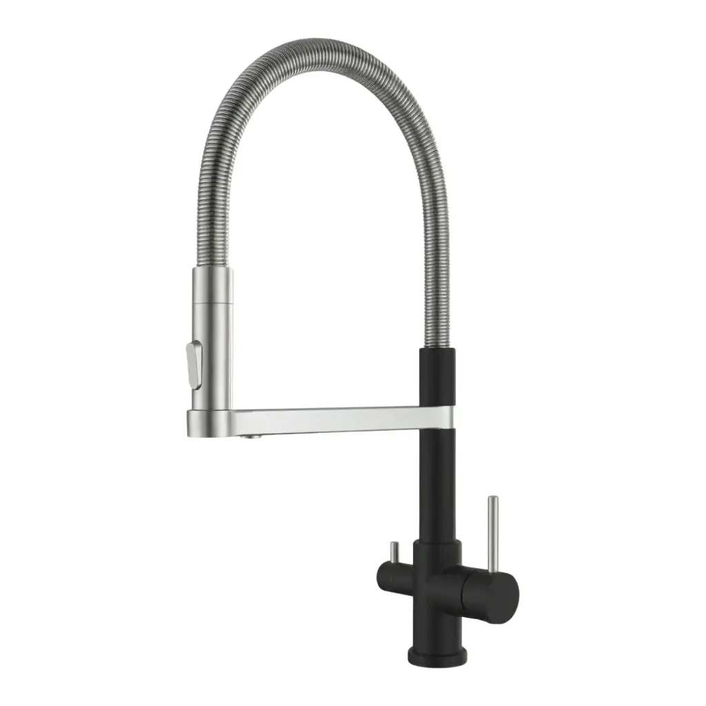 3-Wege-Armatur STATEMENT Spiralfeder - 360° drehbarer Wasserhahn aus massivem 304 Edelstahl | Farbe: Edelstahl gebürstet, Schwarz